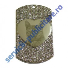 Dog Tag cu insertie inima 29x50mm, placat cu Aur si pietre semipretioase, 3D, gravat